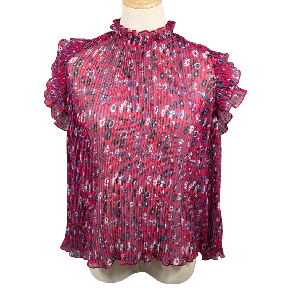 Anthropologie Frieda Pleated Blouse S Pink Floral Ruffle Neck Flutter Sleeve EUC